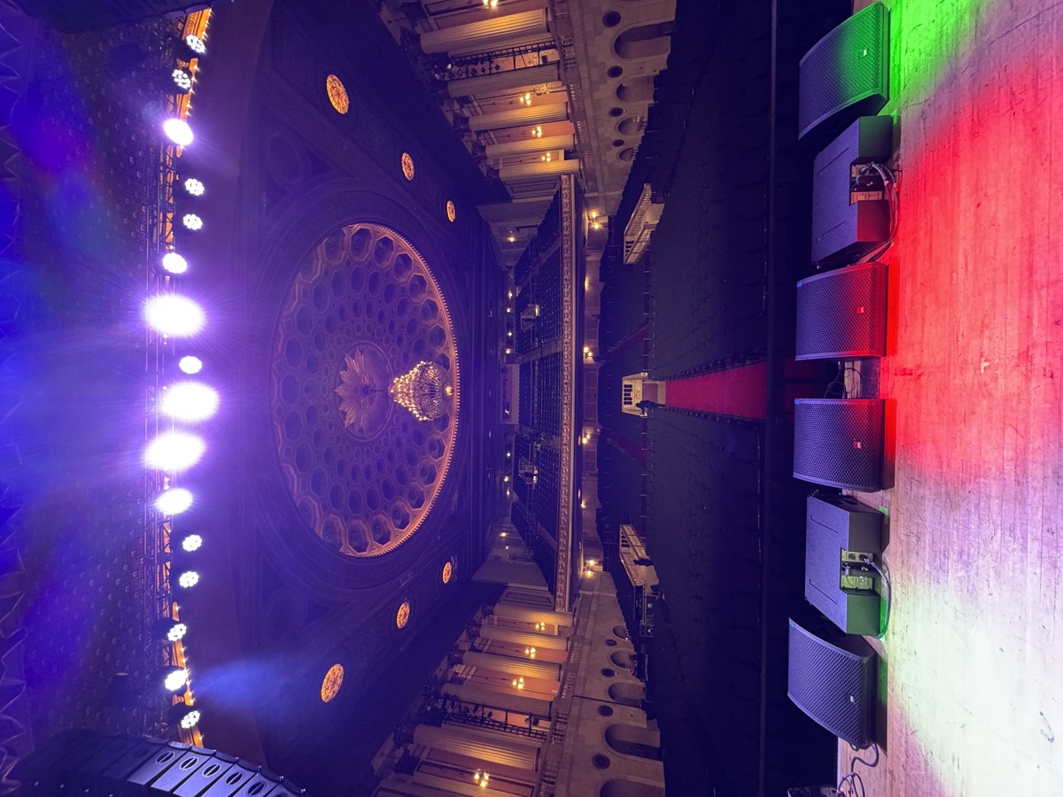 Stage monitors and flown line array set in a historic NYC theater